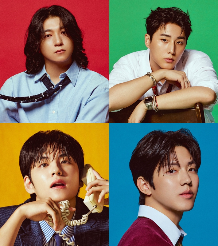왼쪽부터 시계방향으로 데이식스 성진, 영케이, 도운, 원필. JYP엔터테인먼트 제공