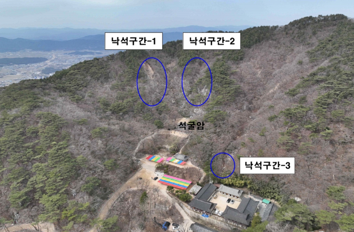 경주 석굴암 상단과 주변에서 낙석이 발생한 구간(1·2·3). 경주시는 해당 구간을 포함해 2027년까지 단계별 보강사업을 추진한다. 경주시 제공