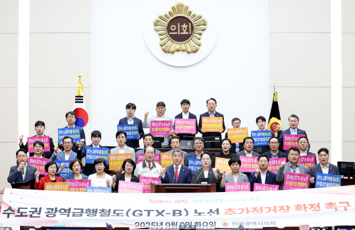 인천시의회, GTX-B 추가정거장 확정 촉구 결의대회. 인천시의회 제공