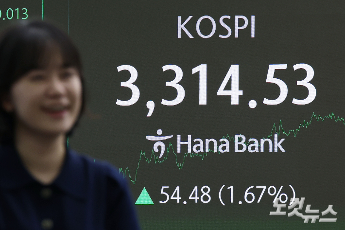 코스피 지수가 사상 최고치를 경신한 10일 오후 서울 중구 하나은행 본점 딜링룸 현황판에 코스피 지수가 나타나고 있다. 코스피 지수는 종가 기준 역대 최고가인 3314.53으로 장을 마쳤다. 류영주 기자