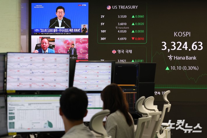 이재명 대통령 취임 100일인 11일 코스피가 전날 기록한 장중 사상 최고치(3,317.77)를 하루 만에 갈아치우며 상승 출발한 가운데 서울 중구 하나은행 딜링룸 현황판에 이재명 대통령 취임 100일 기자회견 방송이 나오고 있다.