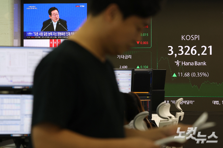 이재명 대통령 취임 100일인 11일 코스피가 전날 기록한 장중 사상 최고치를 하루 만에 갈아치우며 상승 출발한 가운데 서울 중구 하나은행 딜링룸 현황판에 이재명 대통령 취임 100일 기자회견 방송이 나오고 있다. 류영주 기자