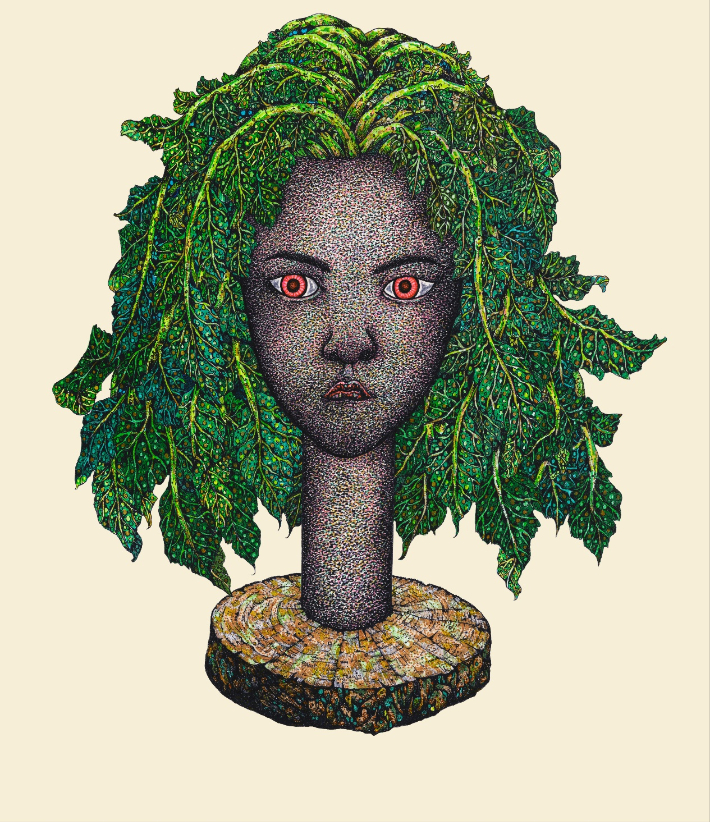 허준, 'SHE-열무머리, 종이에 혼합재료, 46x40cm(2025). 토포하우스 제공