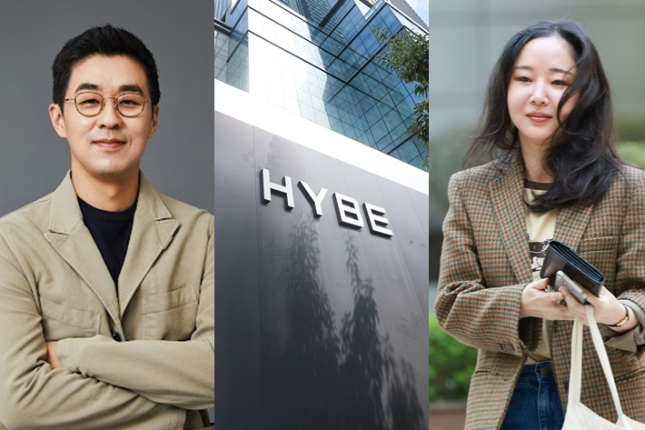 왼쪽부터 박지원 전 하이브 CEO, 서울 용산구 하이브 사옥, 민희진 전 어도어 대표. 하이브/연합뉴스 