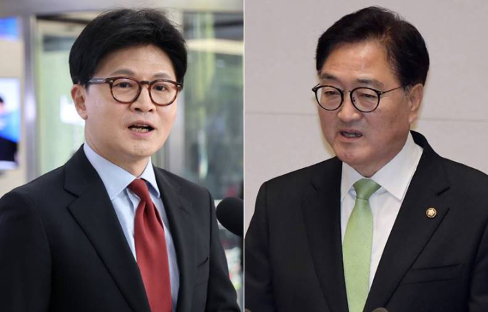 한동훈 전 국민의힘 대표(왼쪽)와 우원식 국회의장. 국회사진취재단·윤창원 기자 