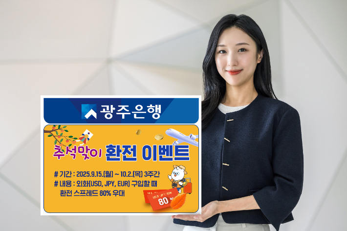 광주은행(은행장 고병일)은 추석 명절을 맞아 외국통화 환전 시(외국통화 사실 때) 최대 80% 환율 우대를 제공하는 '추석맞이 환전 이벤트'를 실시한다고 15일 밝혔다. 광주은행 제공