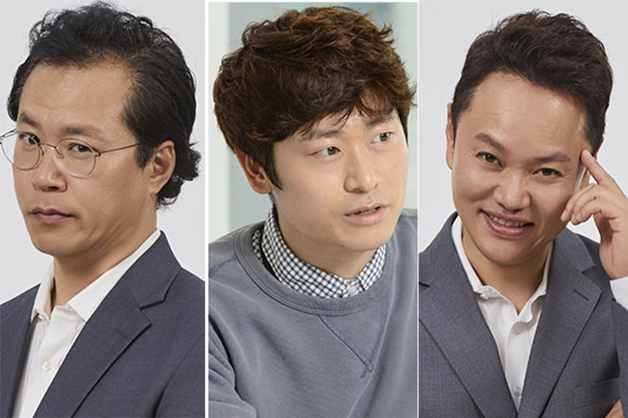 작품에 등장하는 PPT 자료는 제작진이 직접 제작한 것이라고 한다. 김민 PD는 "약간 대본의 영역이라고 할 수 있다"며 "그날 회의를 통해 뭔가 이런 얘기를 하고 싶어 하면은 PPT에 반영한다"고 말했다. 좌측부터 백현진, 김민PD, 김민교. 쿠팡플레이 제공