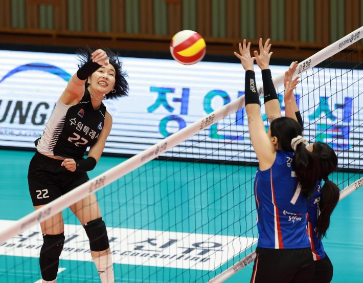 실업배구 여자부 수원특례시청-포항시체육회 경기 장면. 한국실업배구연맹 제공