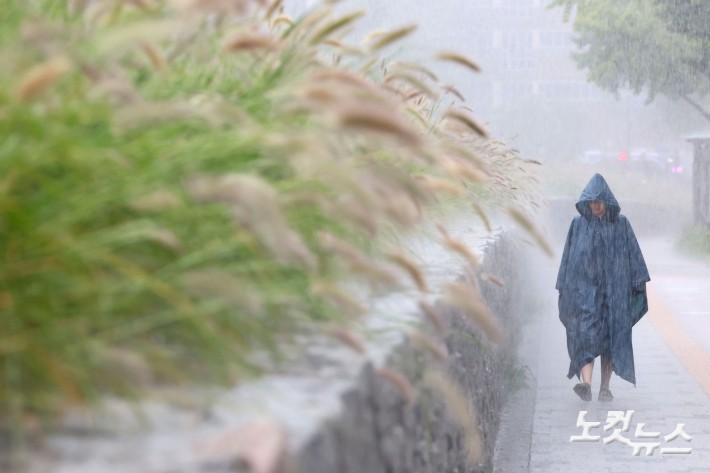 전국 곳곳에 거센 가을비가 내린 17일 서울 종로구 열린송현 녹지광장에서 우비를 입은 시민이 발걸음을 재촉하고 있다.