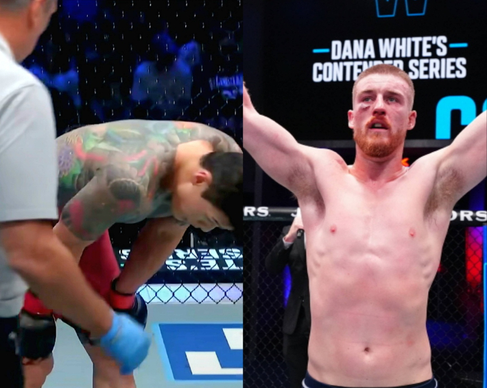 황인수(사진 왼쪽)가 17일 미국 네바다주 라스베이거스 UFC 에이펙스에서 열린 경기에서 패디 맥코리에게 판정패했다. 사진은 3라운드를 마친 직후 황인수와 승리를 확정한 맥코리의 모습. UFC 제공·UFC SNS 영상 캡처