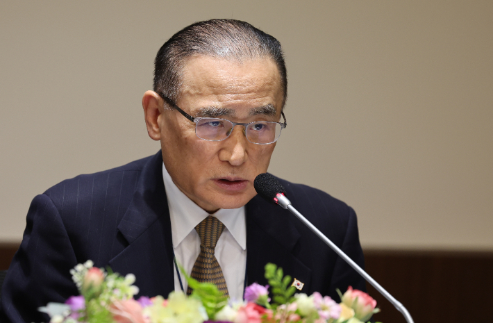 위성락 국가안보실장이 17일 서울 중구 한국프레스센터에서 한국신문방송편집인협회 주최로 열린 초청 간담회에서 발언을 하고 있다. 연합뉴스