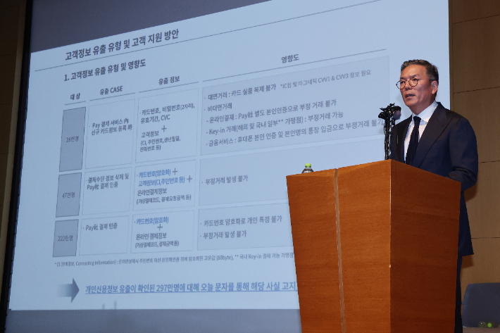 최재웅 롯데카드 마케팅본부 전무가 18일 서울 중구 부영태평빌딩에서 해킹 사고로 인한 고객 정보 유출사태에 대해 대고객 사과를 한 뒤 고객지원 방안에 대해 설명하고 있다. 연합뉴스