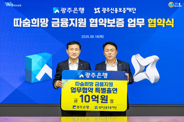 광주은행(은행장 고병일)은 18일 광주은행 본점에서 고병일 광주은행장과 염규송 광주신용보증재단 이사장 및 관계자가 참석한 가운데 광주 소상공인 금융지원을 위한 '따숨희망 금융지원 업무협약'을 체결했다고 밝혔다. 광주은행 제공