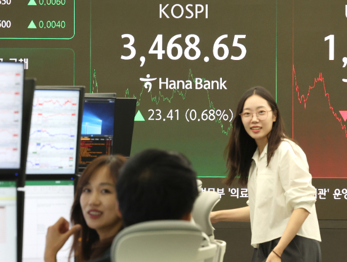 코스피가 0.7%가량 올라 3,460대에서 장을 마치며 사상 최고치를 재차 경신한 22일 서울 중구 하나은행 딜링룸에서 딜러들이 대화하고 있다. 연합뉴스