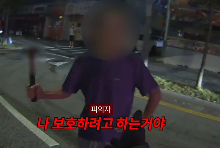 대전 동구 6차선 도로에서 망치를 들고 시민을 위협한 60대 남성. 대전경찰청 제공