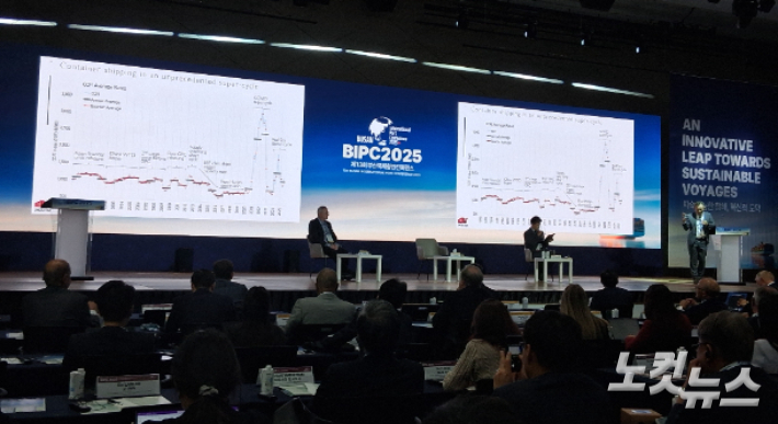 제13회 부산국제항만컨퍼런스(BIPC)에 연사로 나선 탄 후아주 라이너리티카 대표가 컨테이너 해운시장 전망에 대해 발언하고 있다. 이승훈 기자