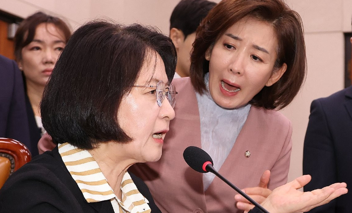 지난 22일 서울 여의도 국회 법제사법위원회 도중 국민의힘 나경원 의원이 더불어민주당 소속 추미애 위원장의 질서유지권 발동에 항의하고 있다. 연합뉴스