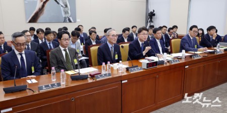 24일 서울 여의도 국회 과학기술정보방송통신위원회에서 열린 대규모 해킹사고(통신·금융) 관련 청문회에서 류제명 과기정통부 2차관이 의원 질의에 답변을 하고 있다. (앞줄 왼쪽부터 윤종하 MBK파트너스 부회장,조좌진 롯데카드 대표이사, 김영섭 KT대표이사)