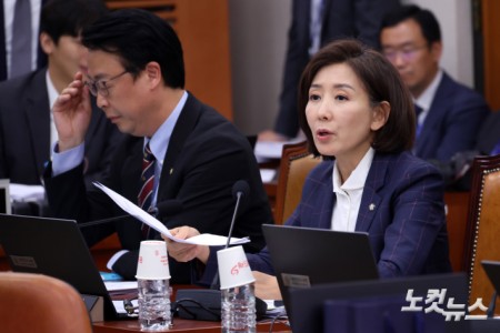 24일 서울 여의도 국회에서 열린 법제사법위원회 전체회의에서 국민의힘 나경원 의원이 발언을 하고 있다.