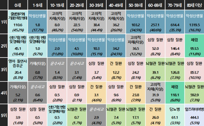 연령별 5대 사망원인 사망률 및 구성비. 통계청 제공