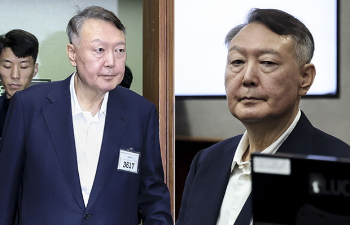 윤석열 전 대통령이 26일 서울 서초구 서울중앙지법에서 열린 특수공무집행방해, 직권남용 권리행사방해 등 혐의 사건 1차 공판에 출석해 있다. 연합뉴스