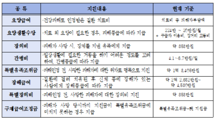 구제급여 지급내용. 환경부 제공