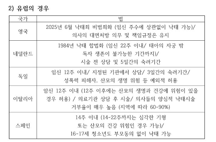태아여성보호국민연합의 '낙태에 있어서 태아 생명권과 여성의 자기결정권' 학술세미나 자료 중 해외 사례 부분. 태아여성보호국민연합 제공