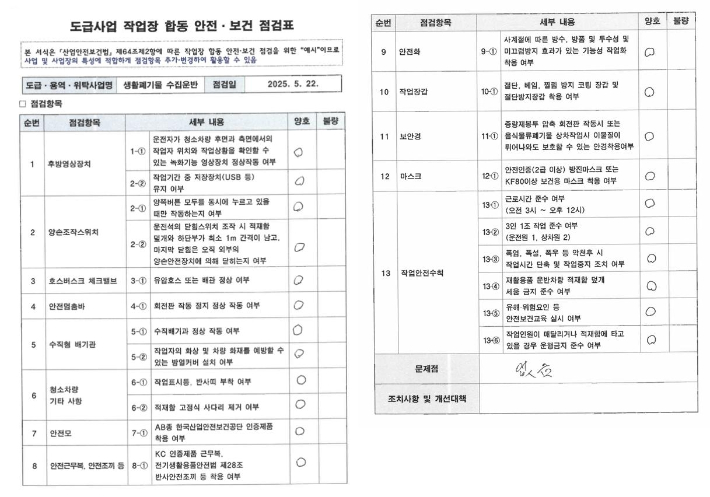 서울 강서구청 '도급사업 작업장 합동 안전·보건 점검표'. 서울 강서구의회 김민석 의원 제공