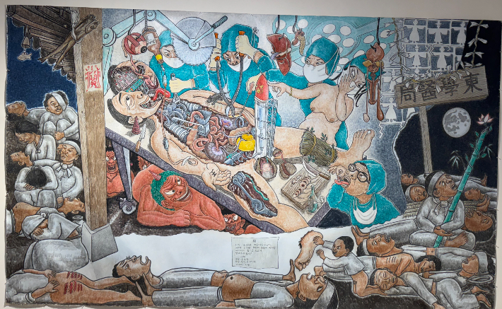 홍성담 작가가 윤석열 전 대통령을 나체 해부하는 묘사를 한 작품 <동학의국>. 독자 제공 