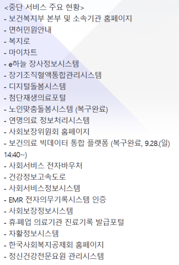 중단된 보건복지부 행정 서비스. 보건복지부 홈페이지 캡처