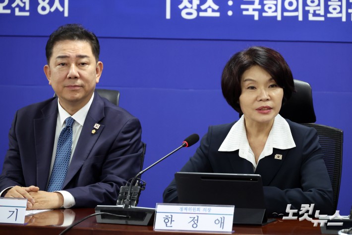 더불어민주당 한정애 정책위의장이 30일 서울 여의도 의원회관에서 열린 경제형벌 민사책임 합리화TF 당정협의에서 발언을 하고 있다.