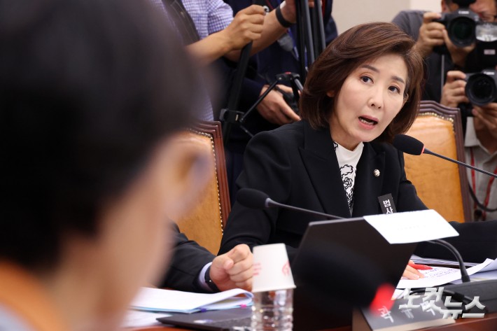 30일 서울 여의도 국회 법제사법위원회 전체회의에서 국민의힘 나경원 의원이 의사진행 발언을 하고 있다.