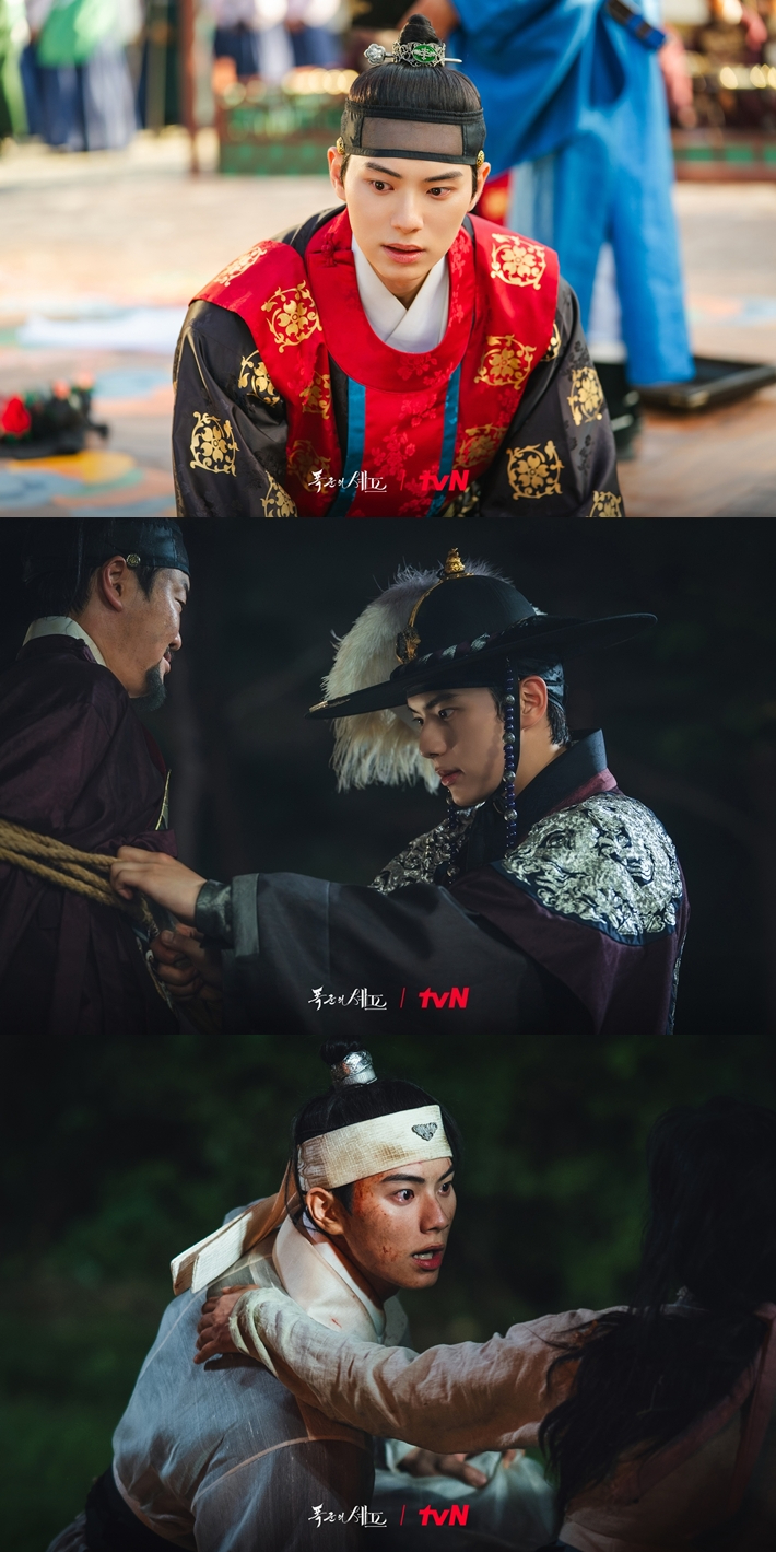 위쪽부터 인주대왕대비 진찬, 살곶이숲 전투, 월영루 이별 장면. tvN 제공