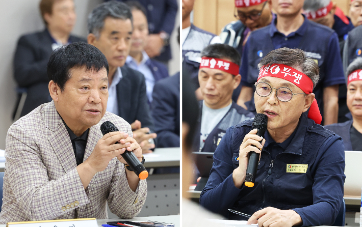 30일 경기도 수원시 영통구 경기지방노동위원회에서 열린 경기도버스노조협의회와경기도버스운송사업조합의 최종 조정 회의에서 김기성 경기도버스운송사업조합 이사장(왼쪽)과 이순창 경기도중부지역버스노동조합 위원장이 발언하고 있다. 연합뉴스