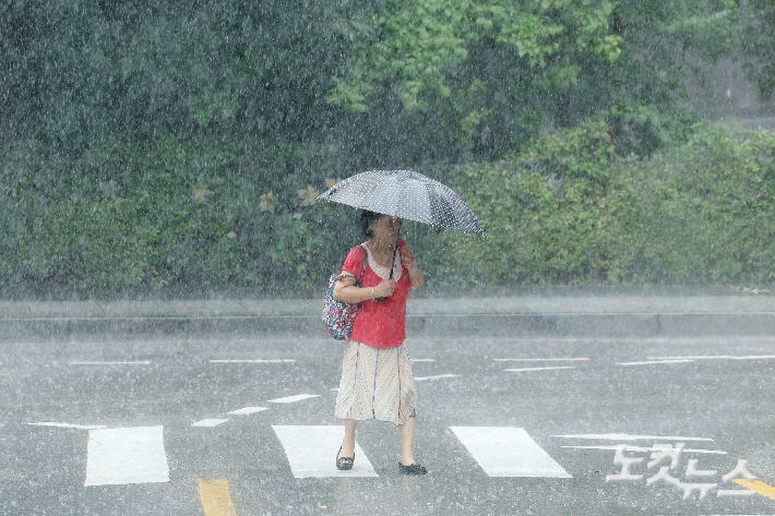 서울 종로구의 한 거리에서 우산을 쓴 시민들이 발걸음을 재촉하고 있다. 류영주 기자
