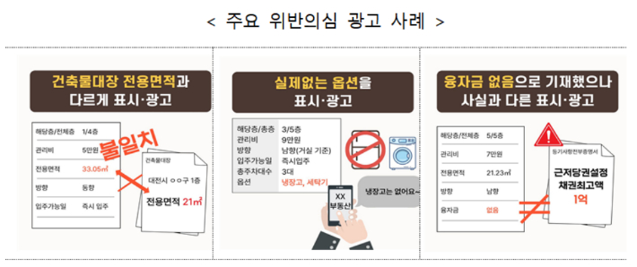 주요 위반의심 광고 사례. 국토교통부 제공