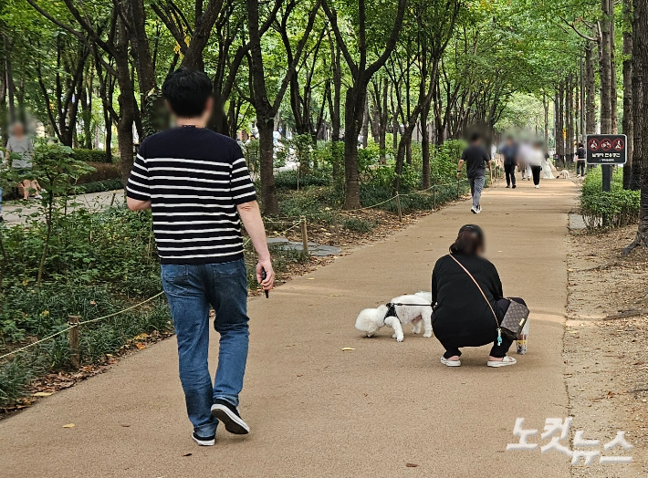 지난달 30일 서울 마포구 공덕역 인근 경의선숲길 산책로에서 한 견주가 반려견의 배설물을 치우고 있다. 이원석 기자