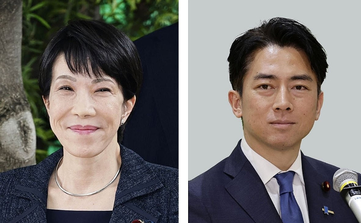 다카이치 사나에 전 경제안보담당상(왼쪽)과 고이즈미 신지로 농림수산상. 연합뉴스