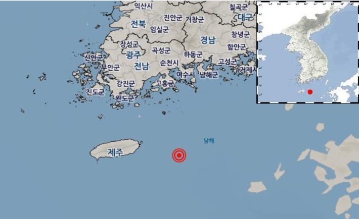 5일 낮 12시 49분쯤 전남 여수시 거문도 남남동쪽 87km 해역에서 규모 2.8의 지진이 발생했다. 기상청 제공 