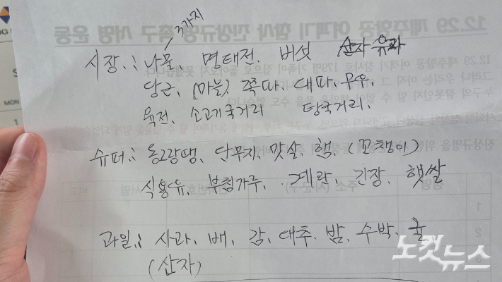 이경임씨는 추석 차례상에 올라갈 음식을 종이에 적어뒀다. 한아름 기자 
