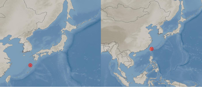 왼쪽은 일본 가고시마현 지진 발생 지역, 오른쪽은 대만 화롄현 지진 발생 지역. 기상청 제공