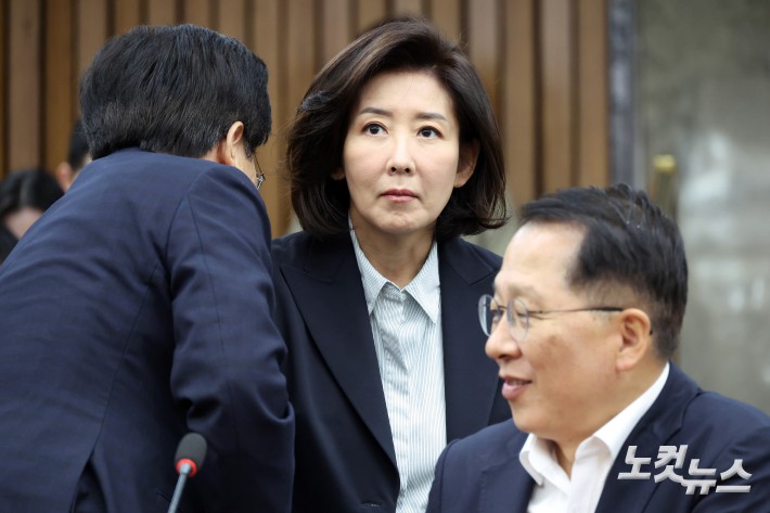 국민의힘 나경원 의원이 10일 서울 여의도 국회에서 열린 국정감사 대책회의에 참석하며 의원들과 대화를 하고 있다.