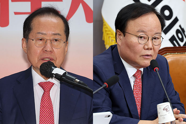 홍준표 전 대구시장(왼쪽), 김재원 국민의힘 최고위원. 연합뉴스