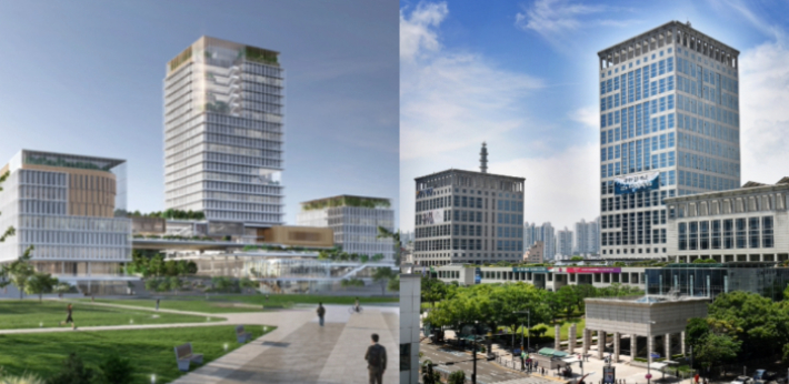 대구시 신청사 조감도(좌), 부산시청사 사진(우). 대구시·부산시 제공