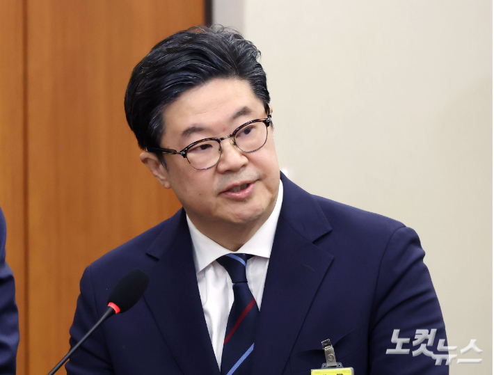 MBK파트너스 김병주 회장이 14일 오후 국회 정무위원회 국정감사에 출석해 질의에 답하고 있다. 황진환 기자