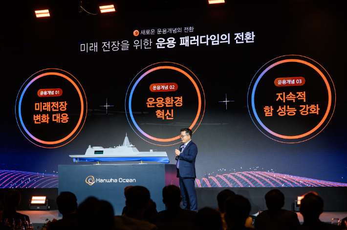 한화오션 특수선사업부가 14일 개최한 '제3회 차세대 함정 기술 연구회'에서 어성철 사장(특수선사업부장)이 '차세대 전략 수상함' 모형을 공개하고 있다. 한화오션 제공
