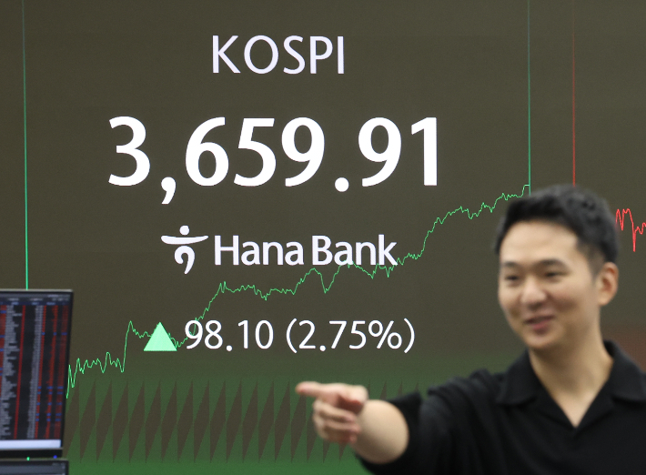 15일 서울 중구 하나은행 딜링룸 현황판에 코스피 지수가 장중 최고치를 경신한 3659.91을 기록하고 있다. 연합뉴스