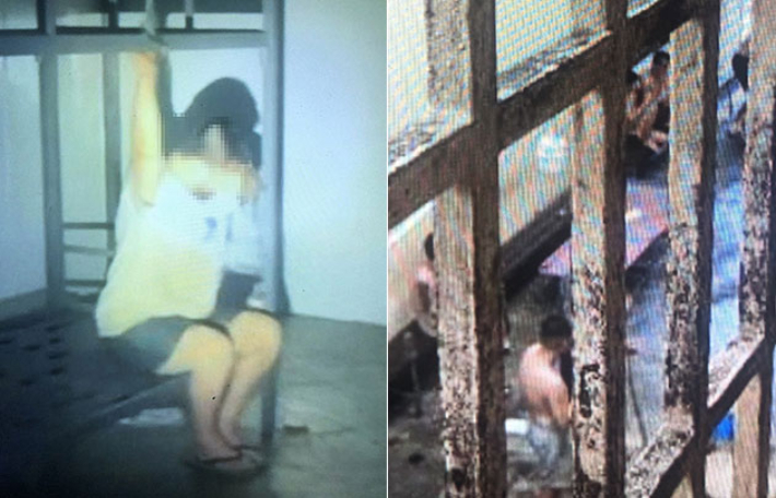 캄보디아 한 범죄단지의 내부 모습(왼쪽)·캄보디아 이민국 구금시설의 내부 모습. 연합뉴스
