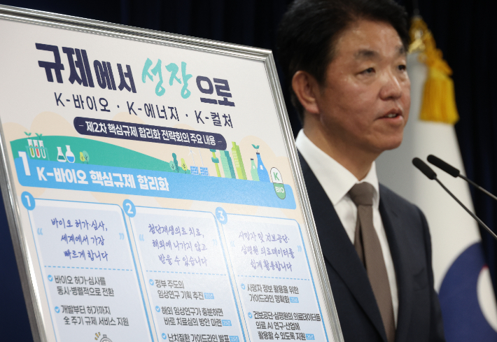 손동균 국무조정실 규제조정실장이 16일 정부서울청사에서 2차 핵심규제 합리화 전략회의 사후 브리핑을 하고 있다. 연합뉴스