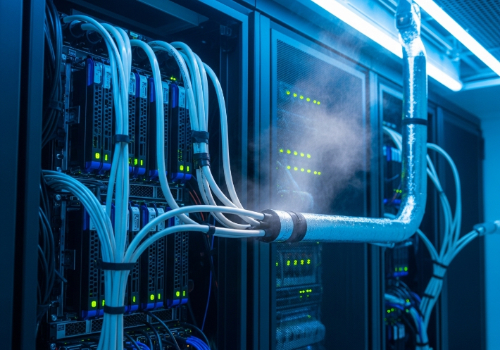 수냉식 냉각 시스템을 사용하는 데이터센터 서버를 시각화 한 모습. 구글 AI 스튜디오 캡처